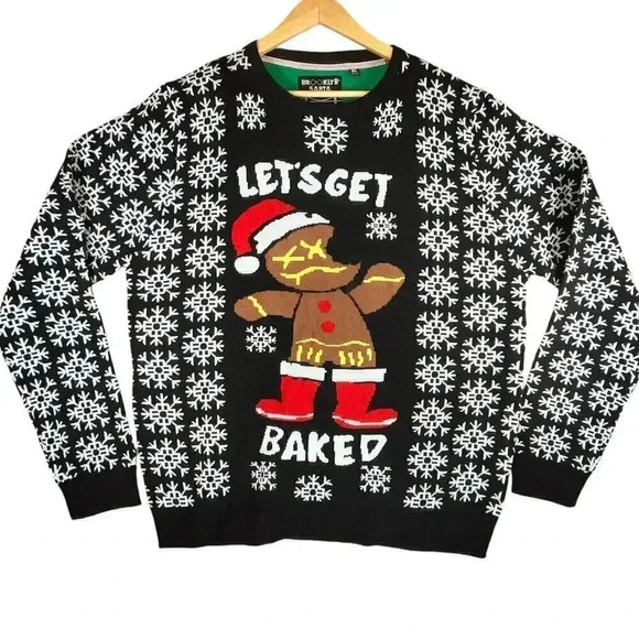 Brooklyn Santa Snow Flake Gingerbread Let’s Get Backed Ugly Christmas Sweater XL - Picture 1 of 7